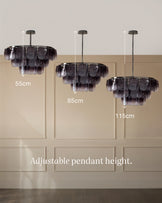 Estelle chandelier in smoked ombre glass, shown in three adjustable height options: 55cm, 85cm, and 115cm.