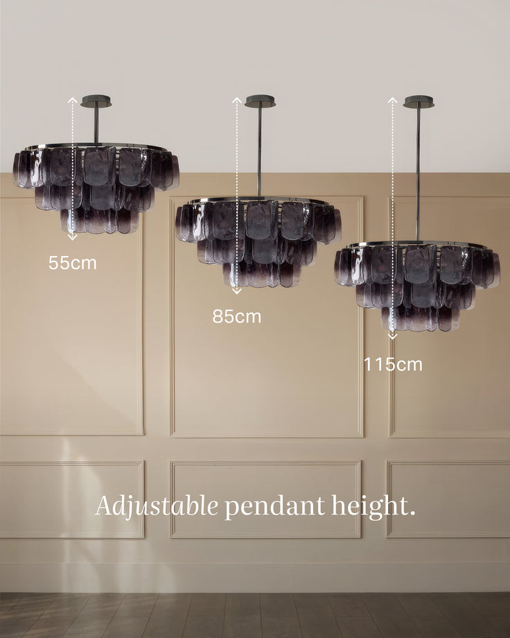 Estelle chandelier in smoked ombre glass, shown in three adjustable height options: 55cm, 85cm, and 115cm.