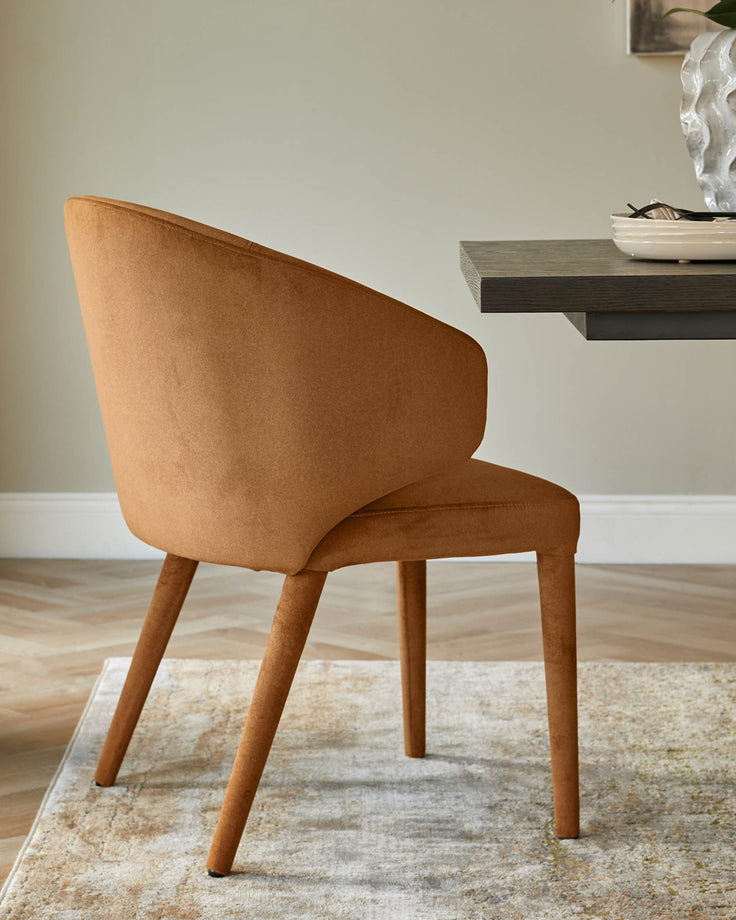 A stylish brown chair sits next to a dining table on a patterned rug. A modern design for a contemporary home.