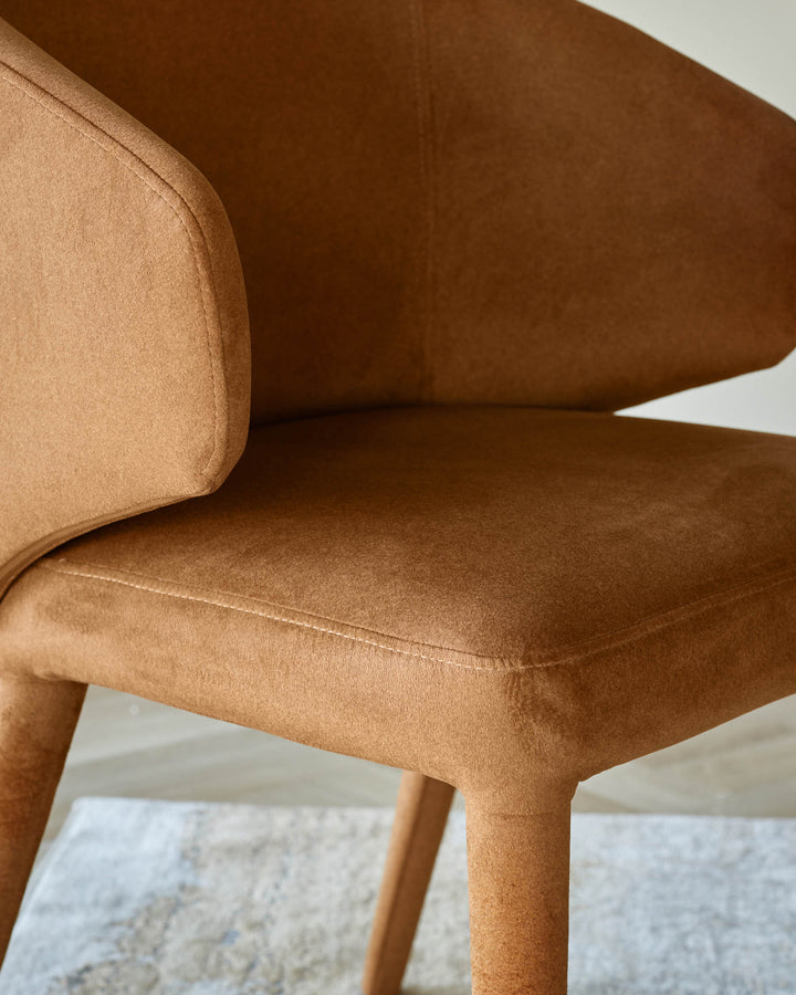 Close up of a stylish brown armchair. Shows the plush texture and modern design, perfect for comfortable seating.