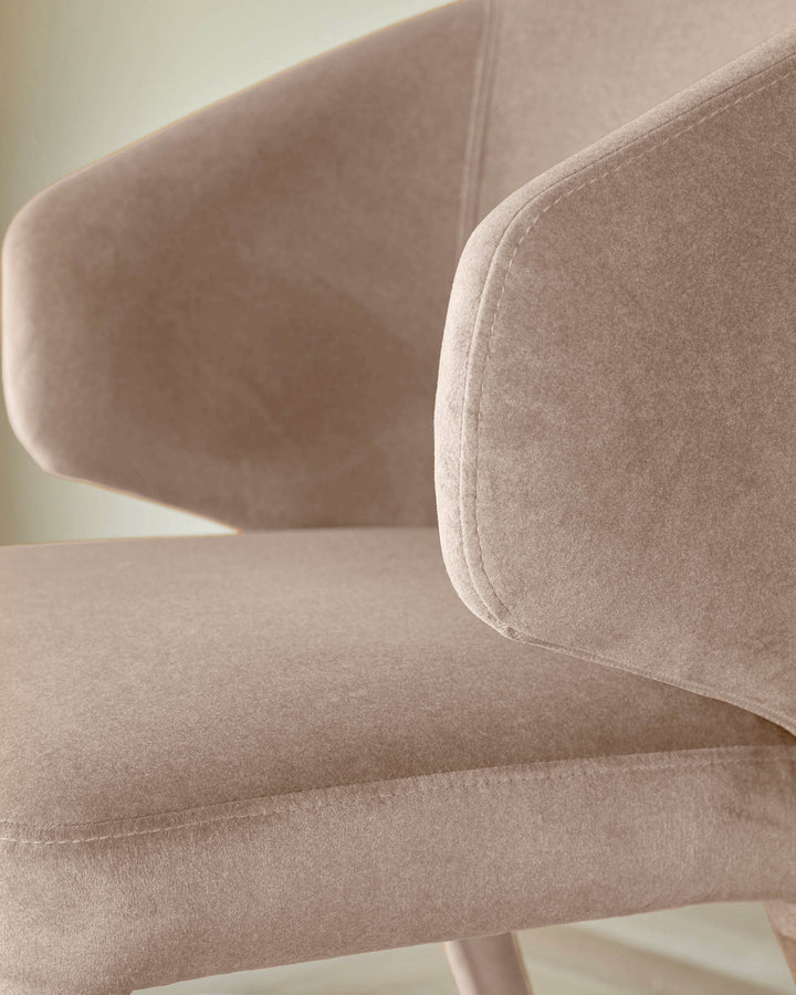 Ethan dining chair in champagne velvet, close-up detail of curved backrest and seat upholstery.