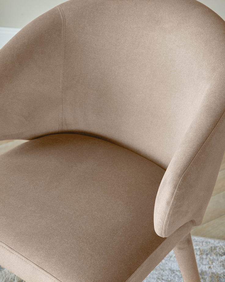 Ethan dining chair in champagne velvet, showing curved backrest and seat from an angled view.
