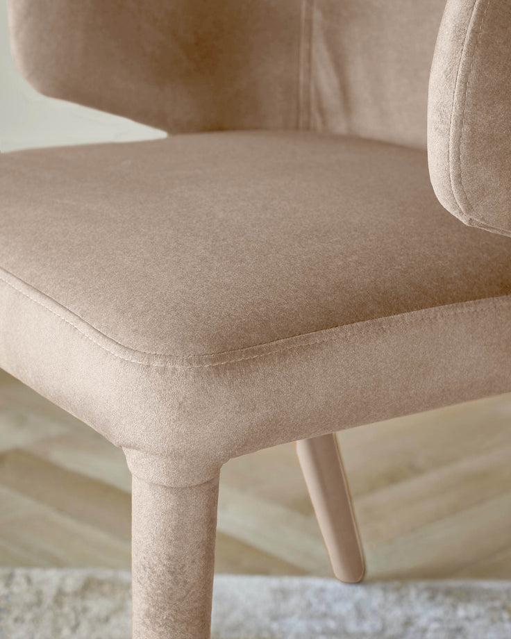Ethan dining chair in champagne velvet, close-up of seat and leg detail