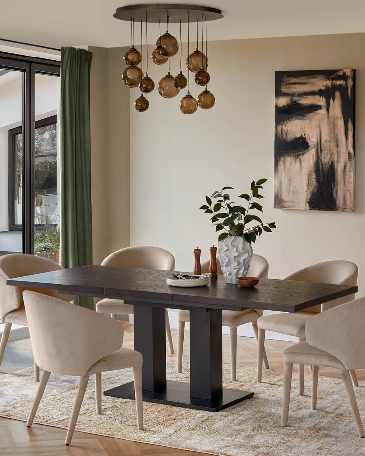 Champagne velvet dining chair with curved back and wooden legs, shown in dining room setting at table.