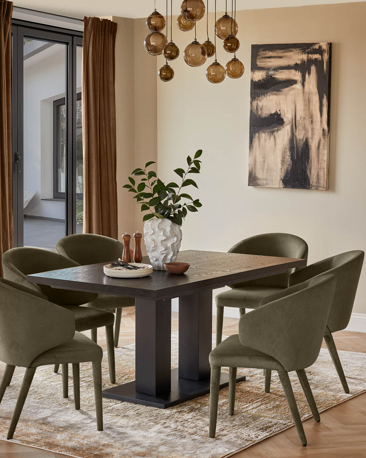 A dining room set featuring a dark wood table and six olive green chairs. Overhead is a unique bubble chandelier.