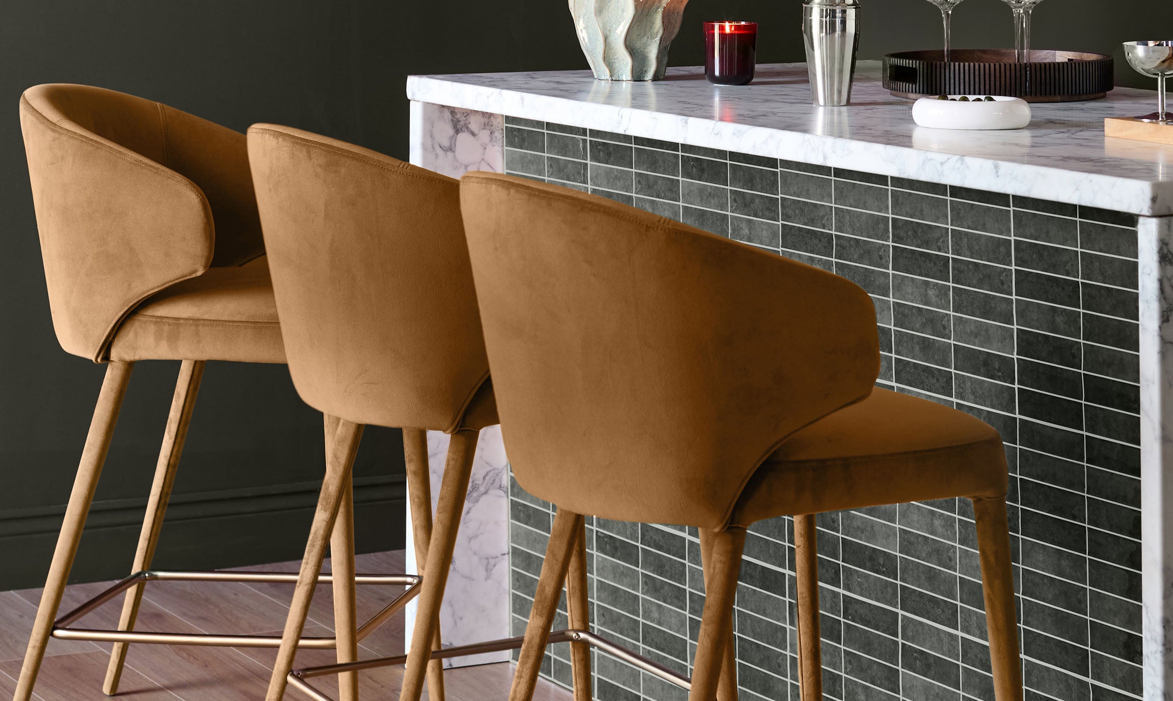 Ethan caramel fabric brushed bronze bar stool