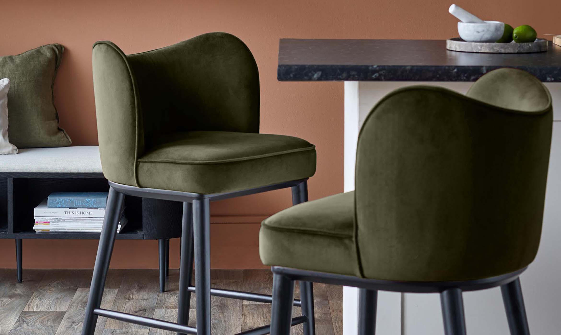 Evelyn olive green velvet bar stool