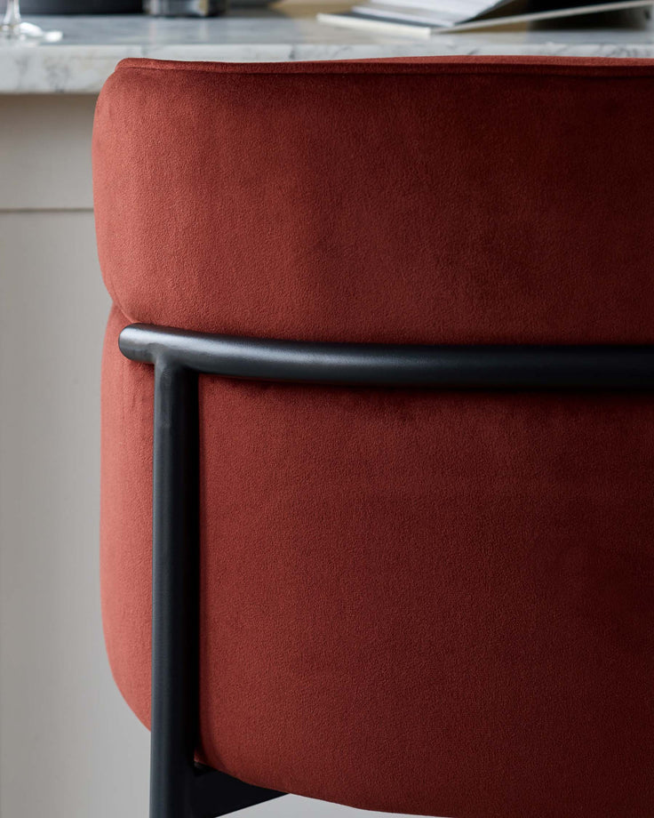 Close-up of a rust-coloured chair with a sleek black metal frame. Stylish and modern seating for any home.