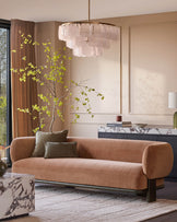 Florence 3-seater sofa in apricot weave fabric with dark wood frame, shown in a styled living room setting.