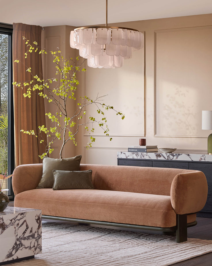 Florence 3-seater sofa in apricot weave fabric with dark wood frame, shown in a styled living room setting.