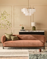 Florence 3-seater sofa in apricot weave fabric with dark wood frame, displayed in a modern living room setting.