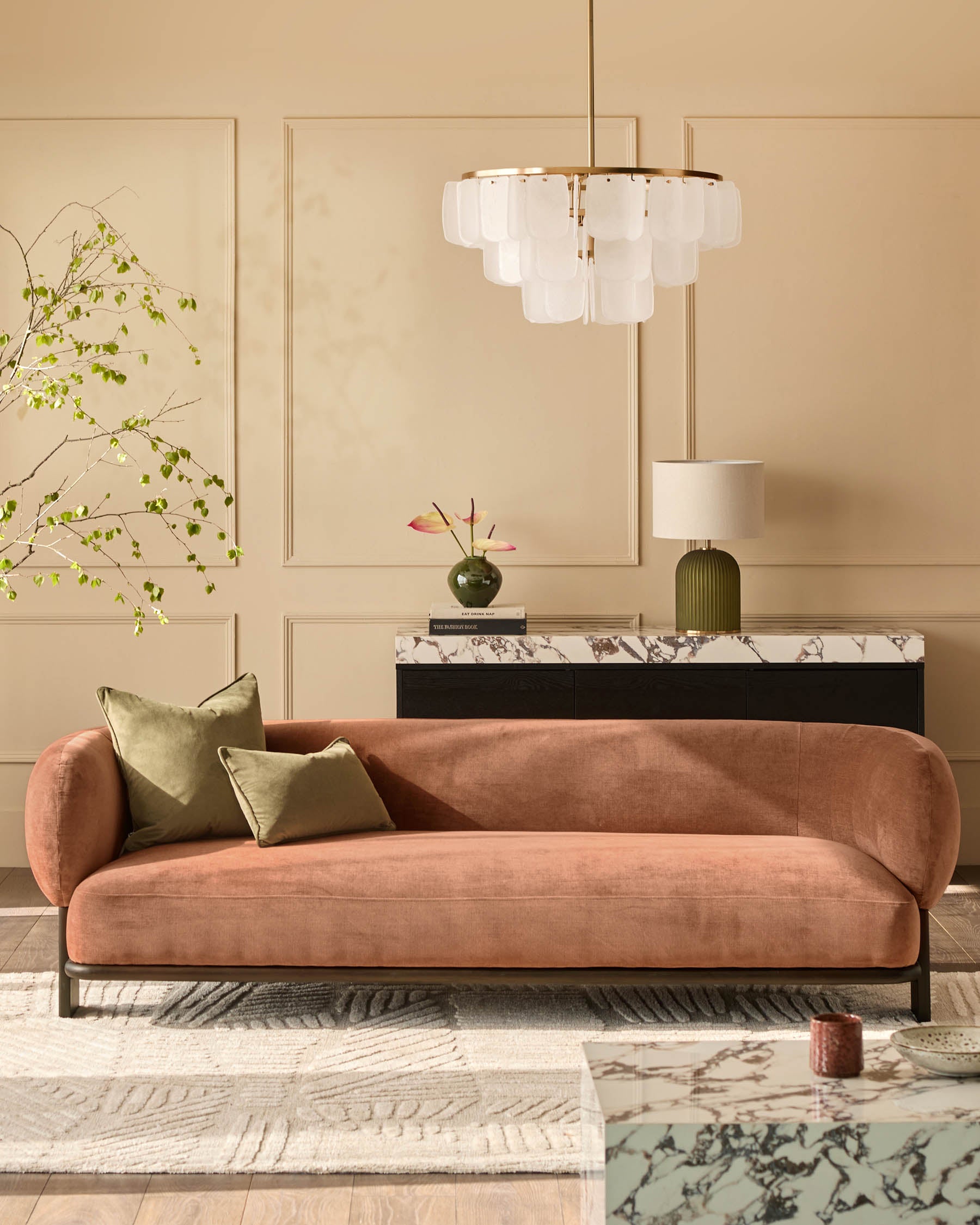 Florence 3-seater sofa in apricot weave fabric with dark wood frame, displayed in a modern living room setting.