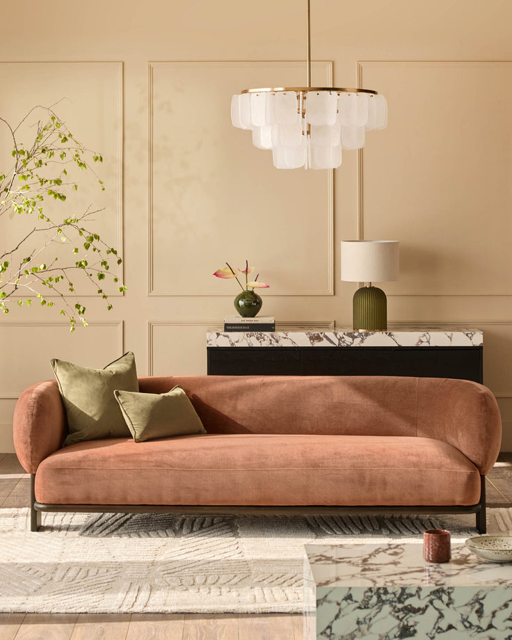 Florence 3-seater sofa in apricot weave fabric with dark wood frame, displayed in a modern living room setting.