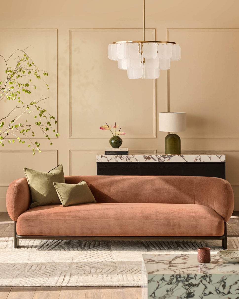 Florence 3-seater sofa in apricot weave fabric with dark wood frame, displayed in a modern living room setting.