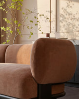 Florence apricot fabric with dark wood left hand facing small corner sofa