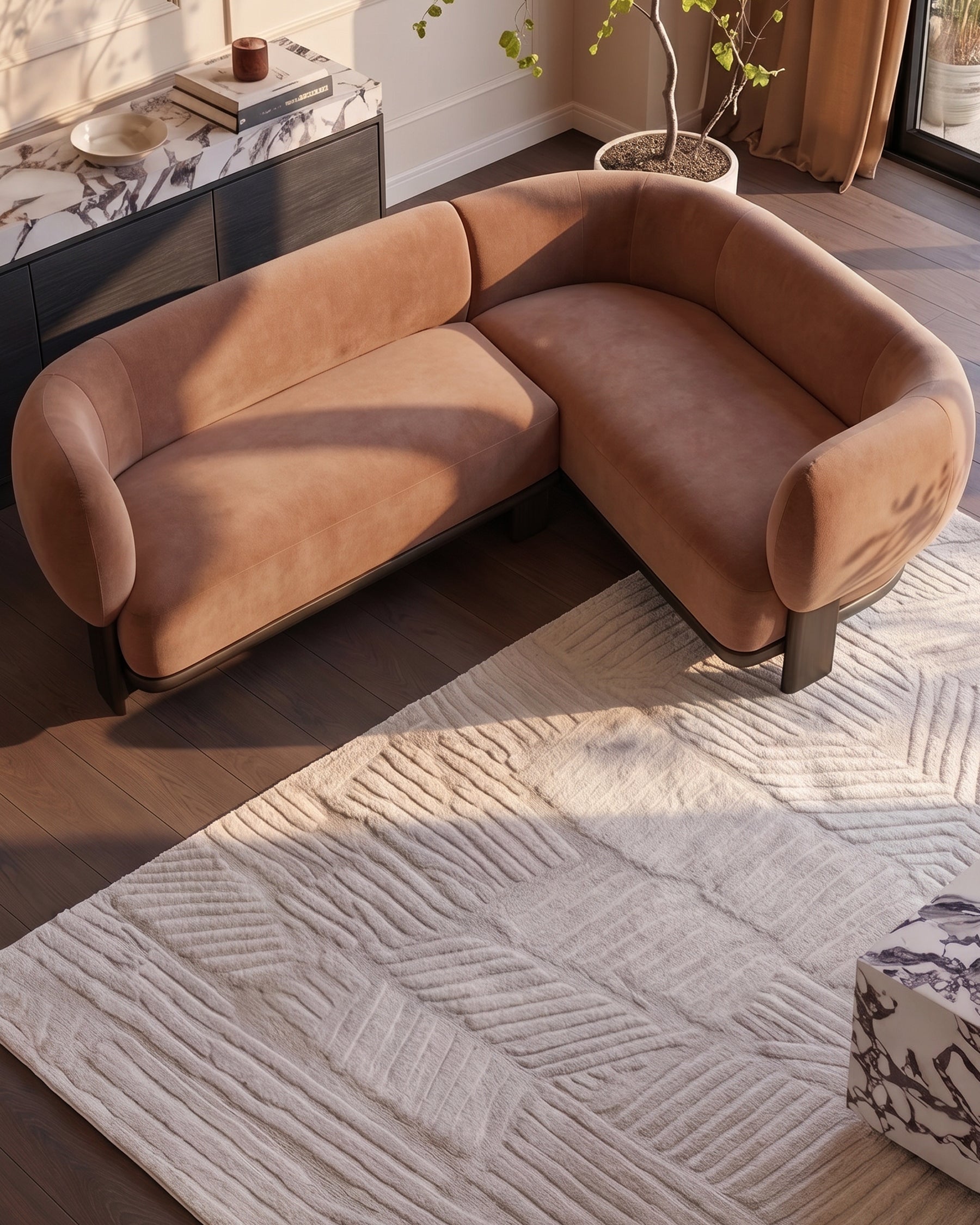 Florence right-hand corner sofa in apricot fabric with dark wood legs, positioned in a modern living room setting.