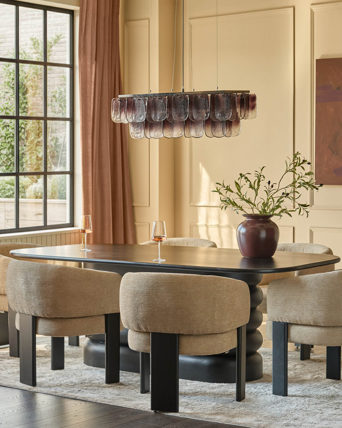 Florence dining chair in honey fabric with black wooden legs, shown in modern dining room setting.