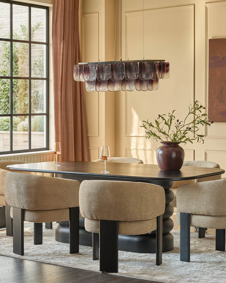 Florence dining chair in honey fabric with black wooden legs, shown in modern dining room setting.