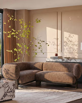 Florence mocha fabric with dark wood left hand facing small corner sofa