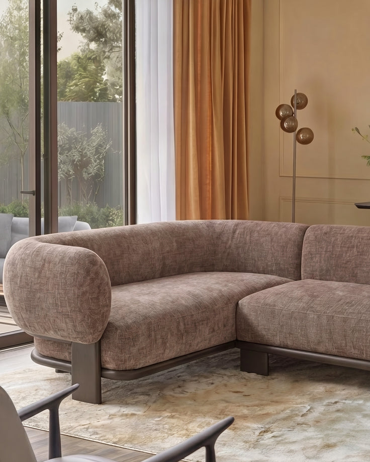 Florence left-hand-facing small corner sofa in mocha fabric with dark wood legs, displayed in a modern living room setting.