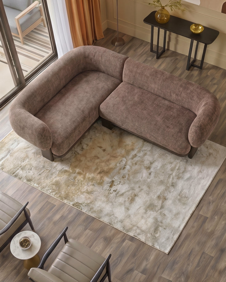 Florence left-hand-facing small corner sofa in mocha fabric with dark wood legs, shown in modern living room setting.