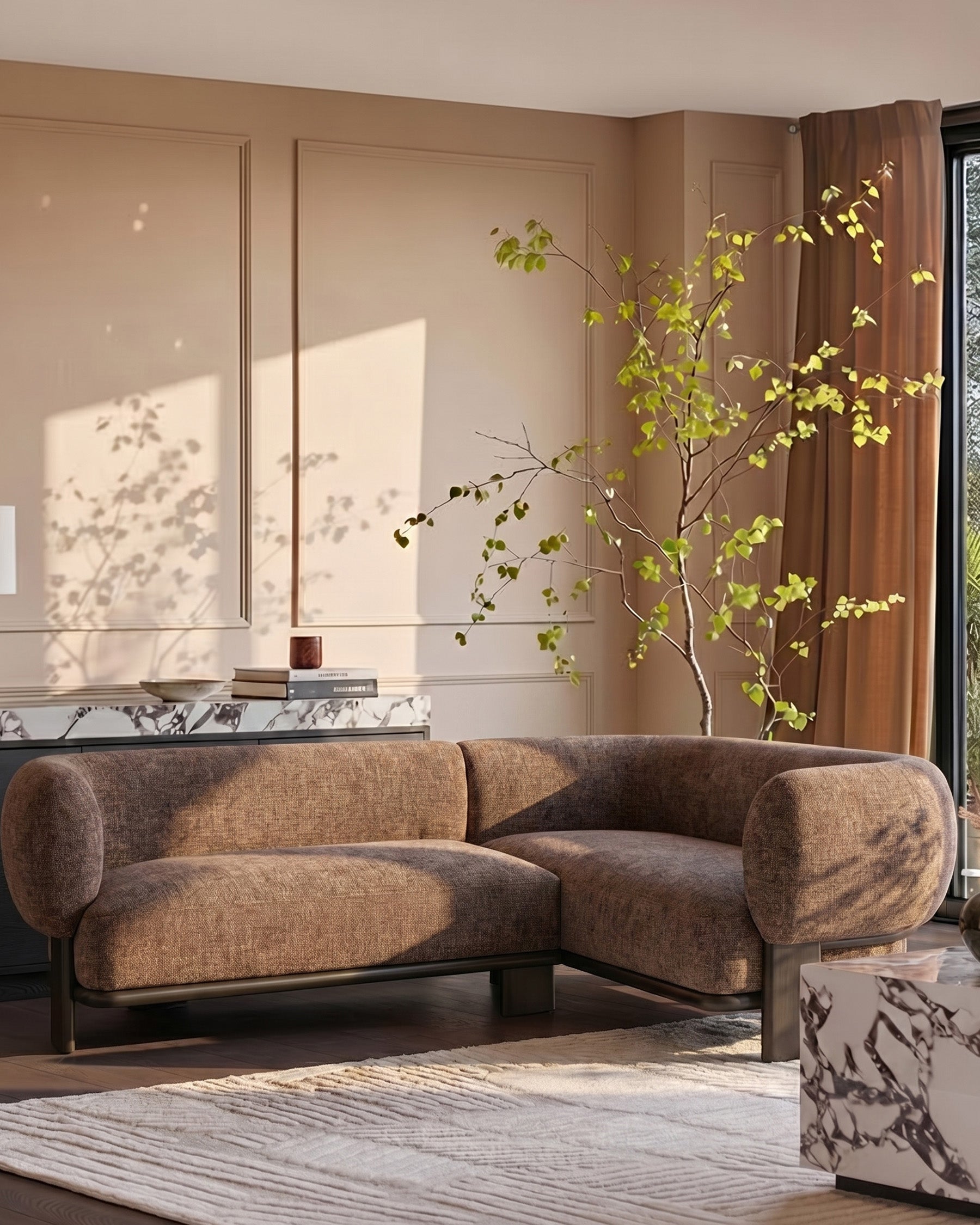 Florence right-hand-facing small corner sofa in mocha fabric with dark wood legs, displayed in a warm, minimalist living room setting.