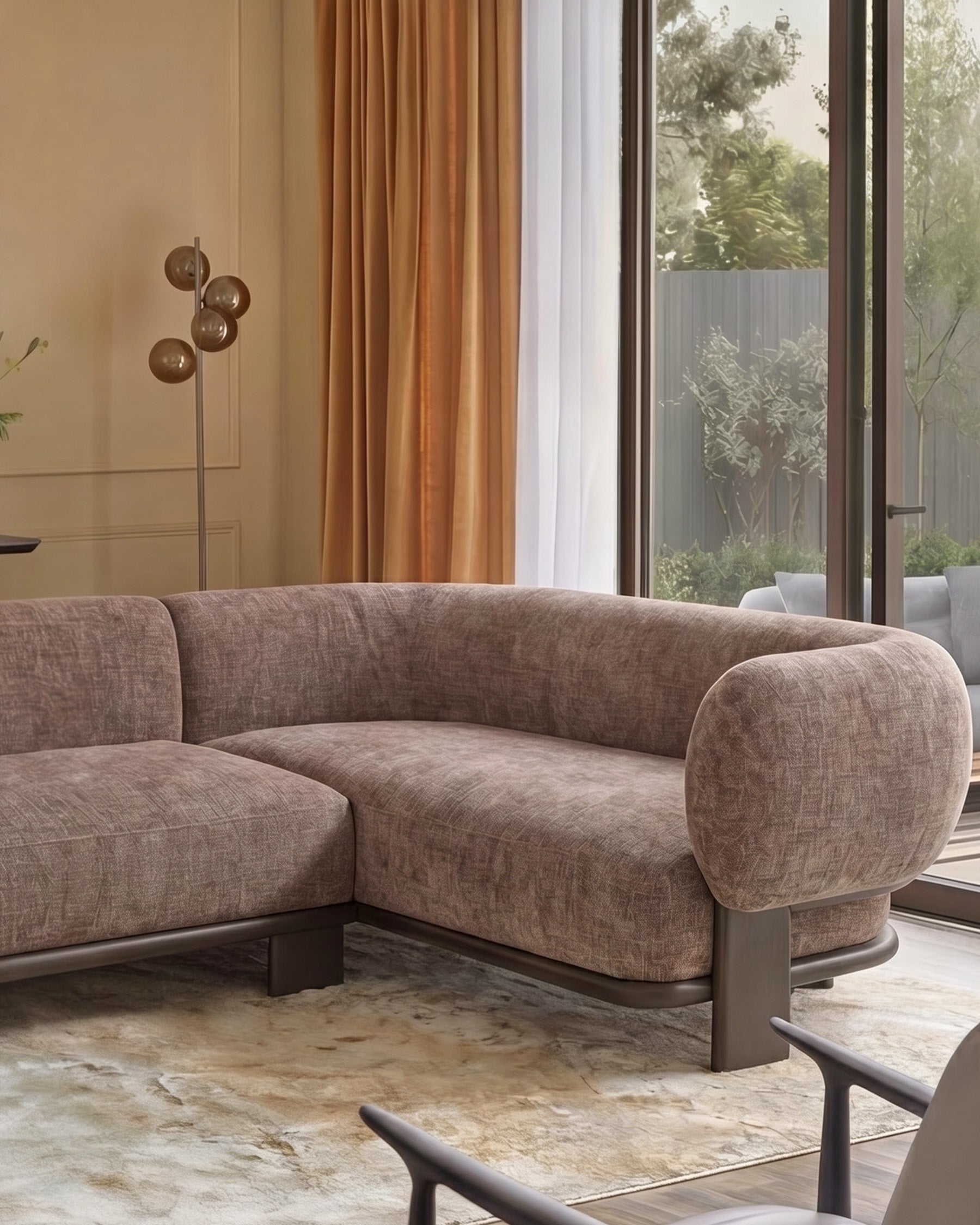 Florence right-hand-facing small corner sofa in mocha fabric with dark wood legs, shown in modern living room setting.