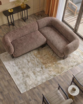 Florence right-hand-facing small corner sofa in mocha fabric with dark wood legs, shown in modern living room setting.