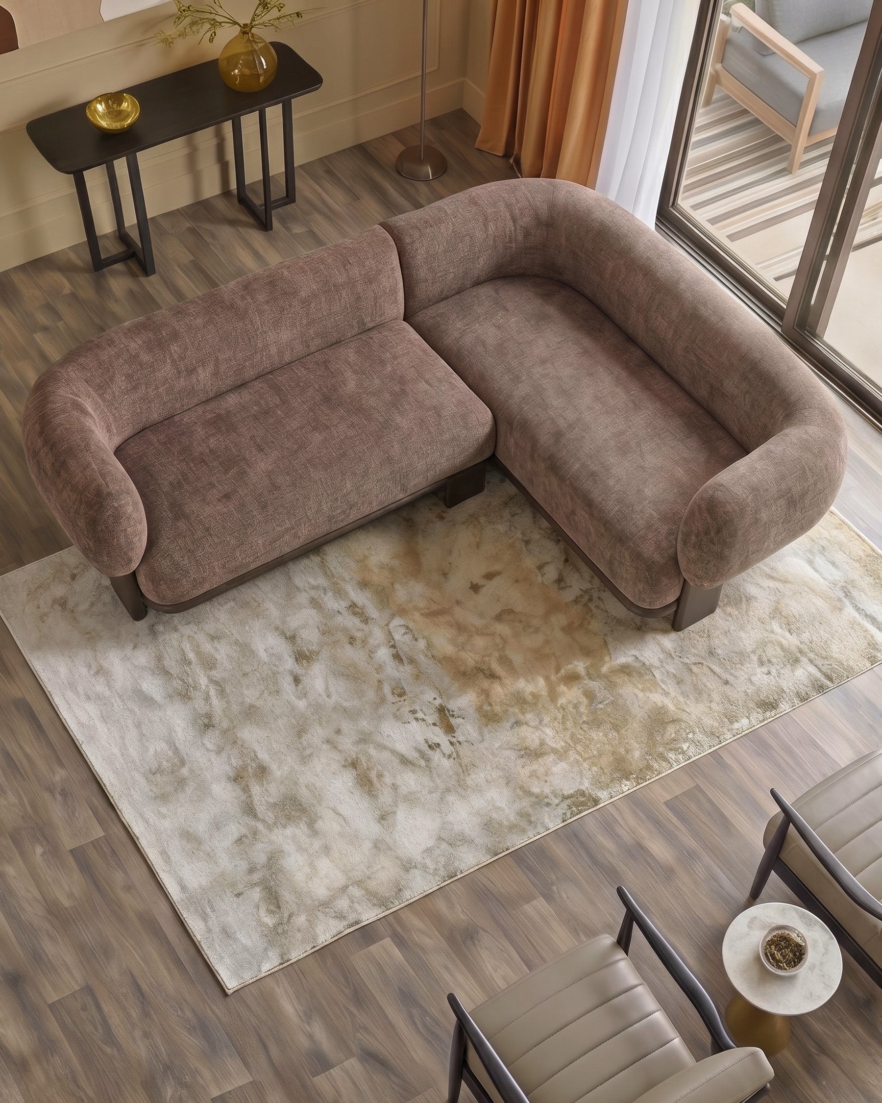 Florence right-hand-facing small corner sofa in mocha fabric with dark wood legs, shown in modern living room setting.