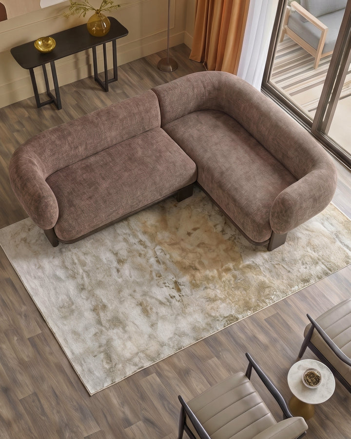 Florence right-hand-facing small corner sofa in mocha fabric with dark wood legs, shown in modern living room setting.