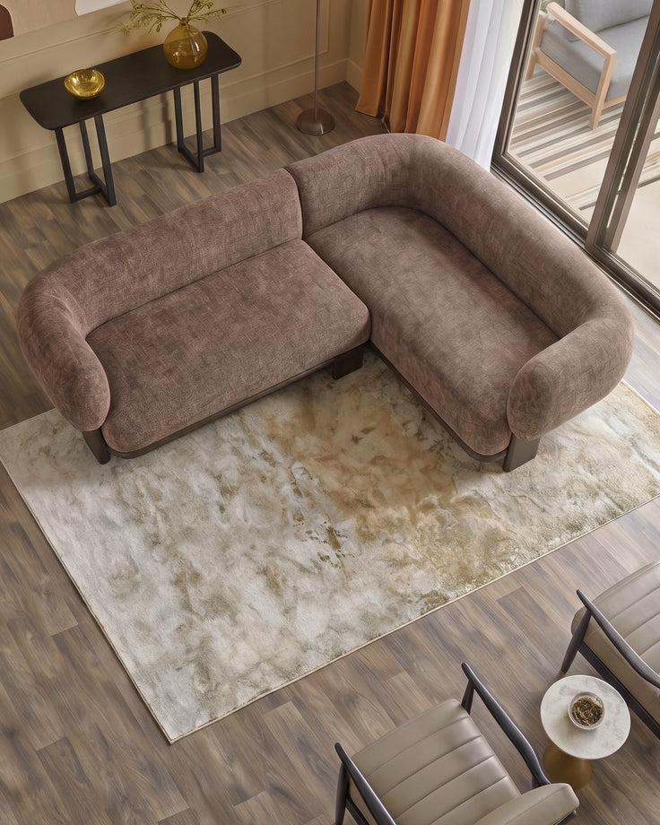 Florence right-hand-facing small corner sofa in mocha fabric with dark wood legs, shown in modern living room setting.