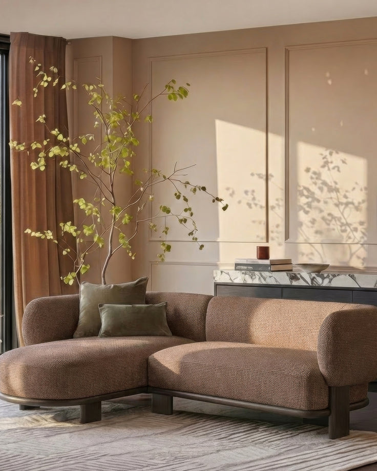 Florence left-hand facing chaise sofa in mocha fabric with dark wood legs, displayed in a modern living room setting.