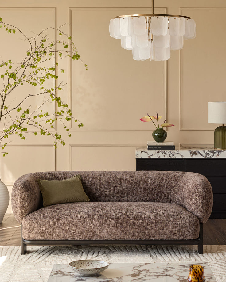 Florence 2-seater sofa in mocha fabric with dark wood frame, curved design, displayed in modern living room setting.