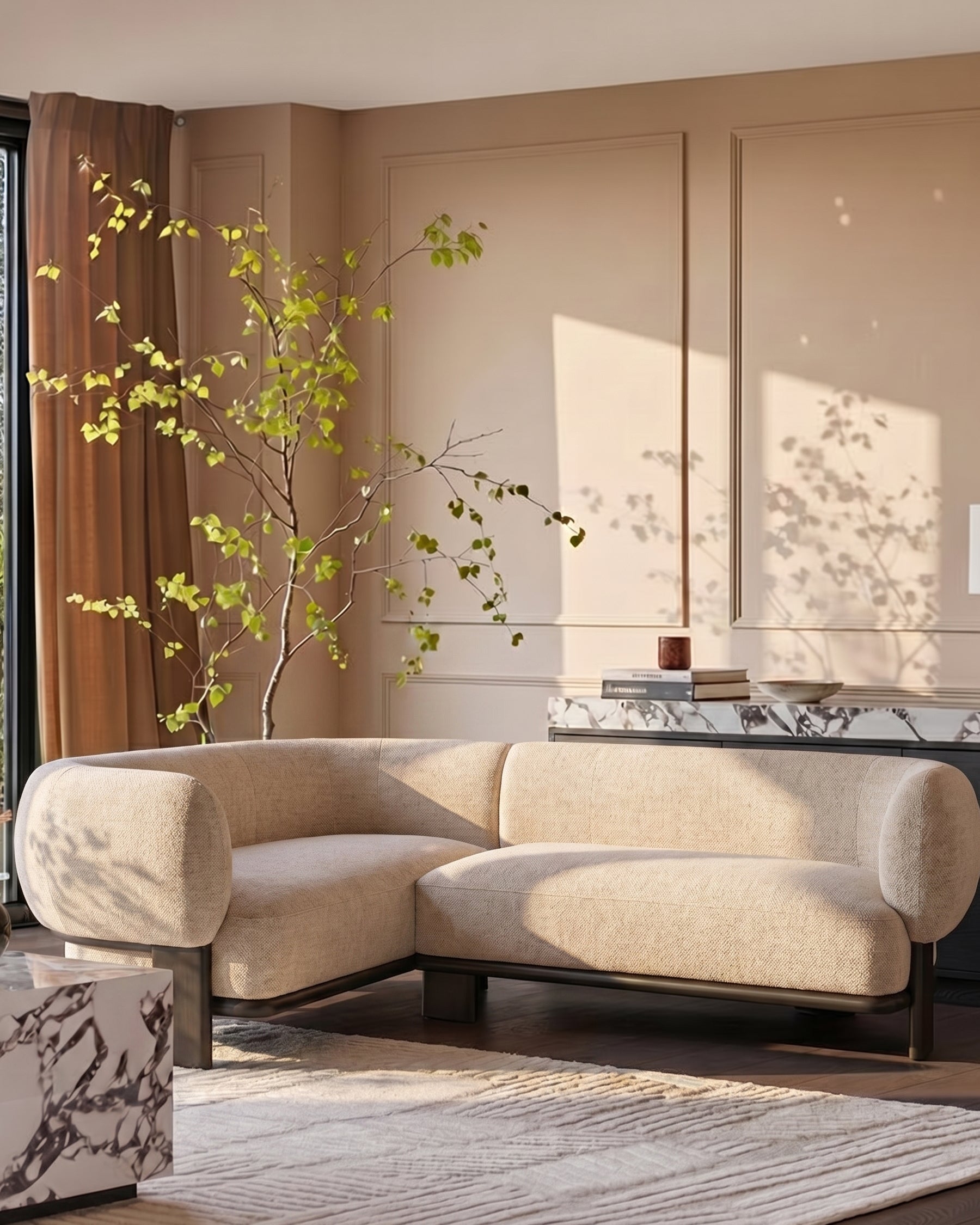 Florence left-hand-facing small corner sofa in natural fabric with dark wood legs, displayed in a contemporary living room setting.