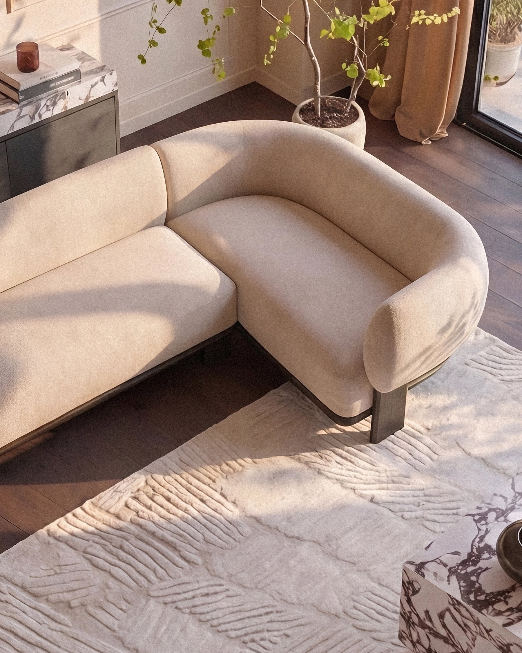 Florence right-hand-facing small corner sofa in natural fabric with dark wood legs, displayed in a bright living room setting.