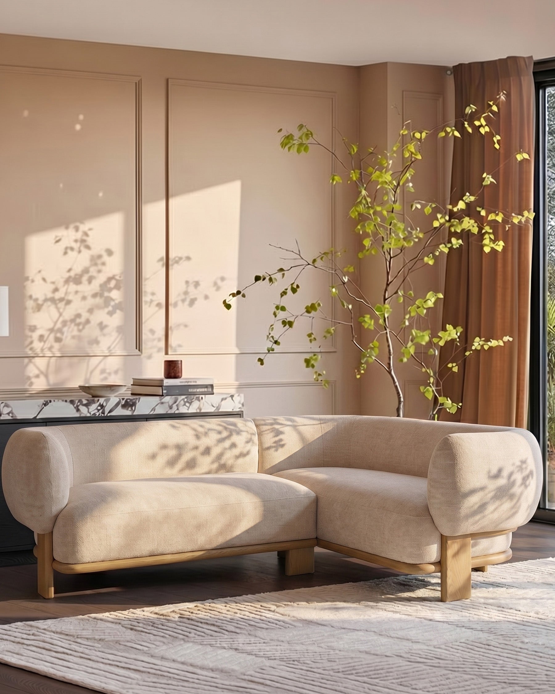 Florence right-hand-facing small corner sofa in natural fabric with light wood frame, displayed in a bright living room setting.