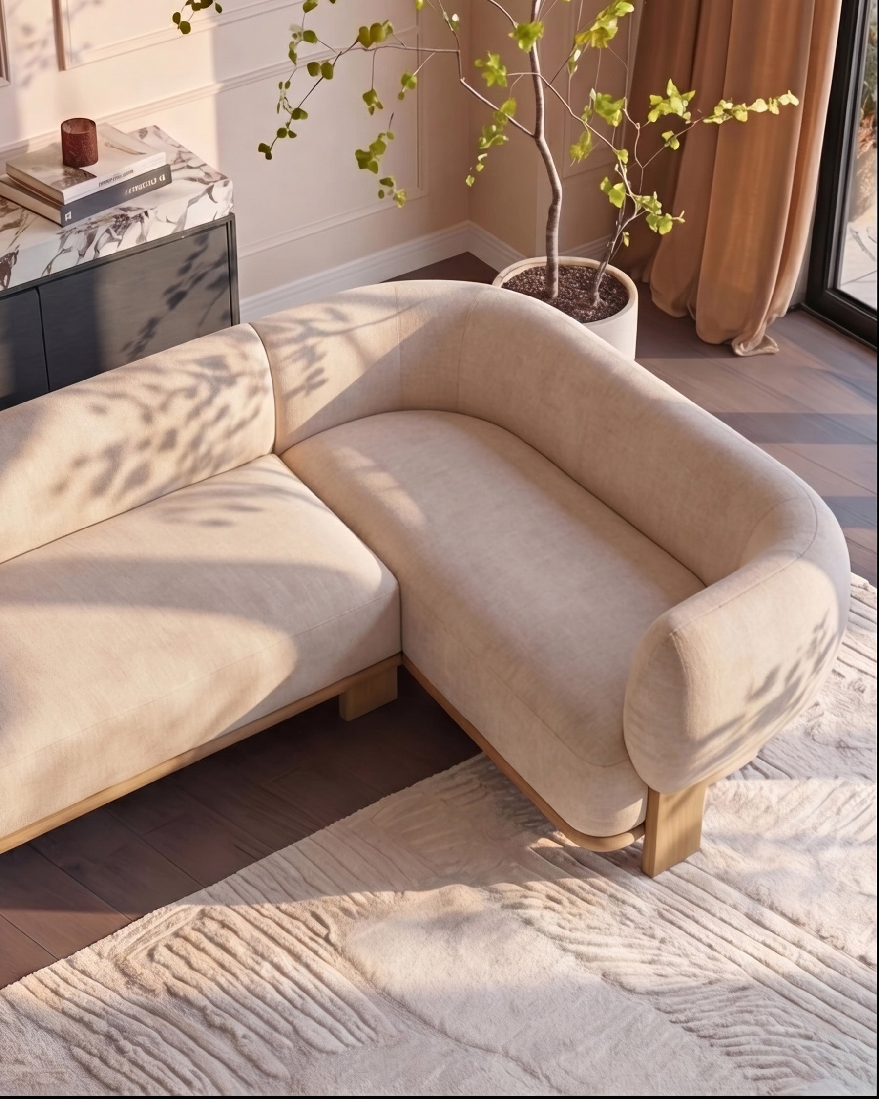 Florence right-hand-facing small corner sofa in natural fabric with light wood legs, displayed in a bright living room setting.