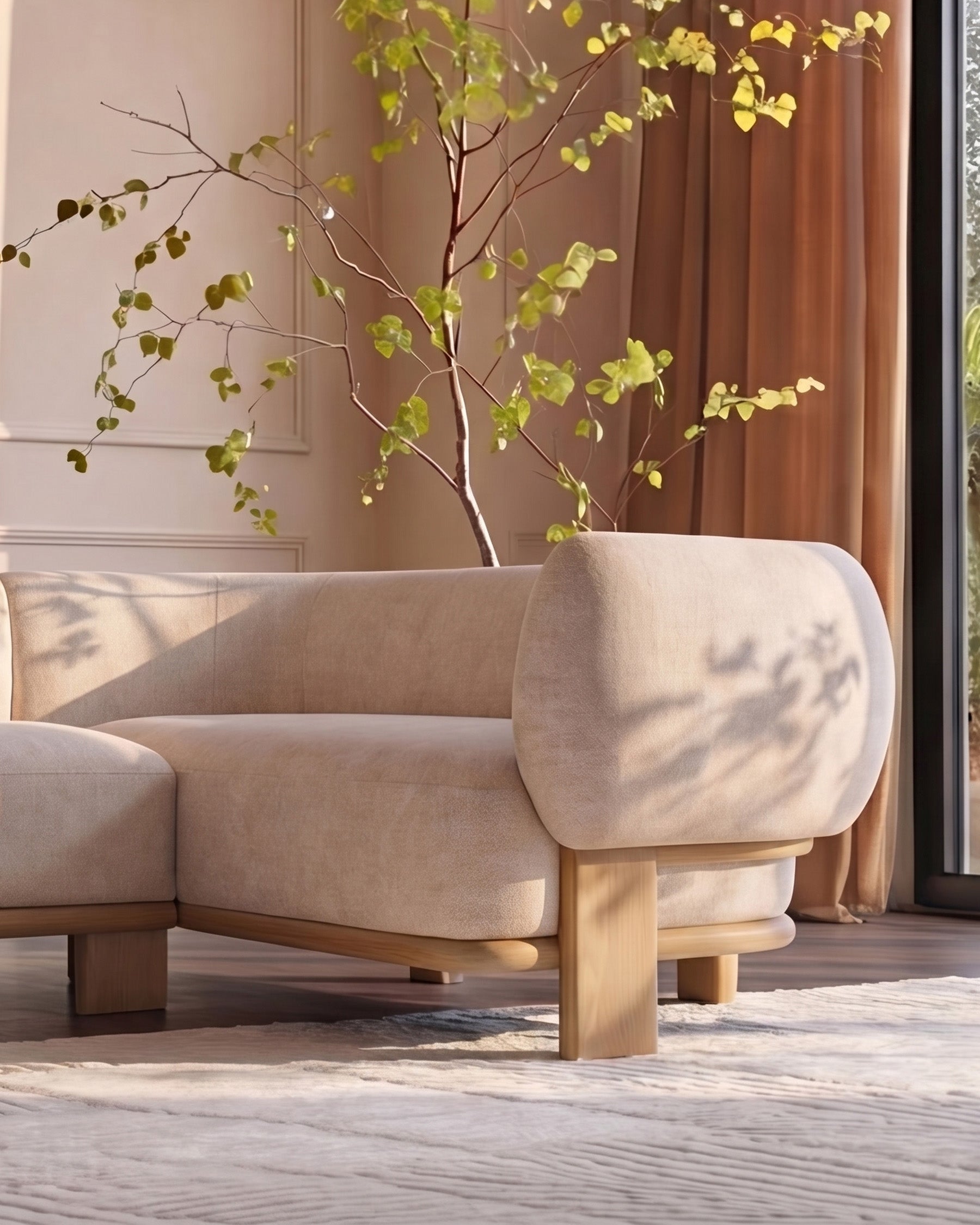 Florence right-hand-facing corner sofa in natural fabric with light wood legs, displayed in a bright living room setting.