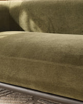 Florence 3-seater sofa in olive-green weave fabric, close-up of seat and backrest detail.