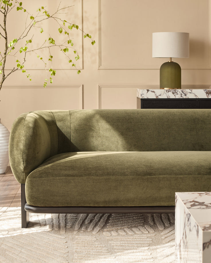 Florence 3-seater sofa in olive green weave fabric with dark wood frame, shown in a styled living room setting.
