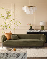 Florence 3-seater sofa in olive green weave fabric with dark wood base, curved arms, displayed in modern living room.