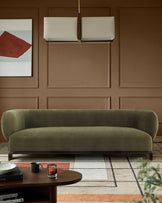 Florence olive green chenille with dark wood 3 seater sofa