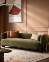 Florence olive green chenille with dark wood 3 seater sofa