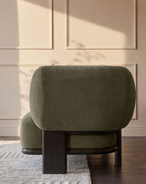 Florence olive green fabric with dark wood left hand facing small corner sofa