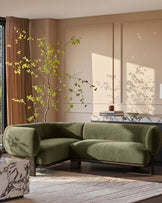 Florence olive green fabric with dark wood left hand facing small corner sofa