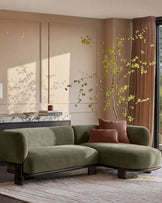 Florence olive green fabric with dark wood right hand facing chaise sofa