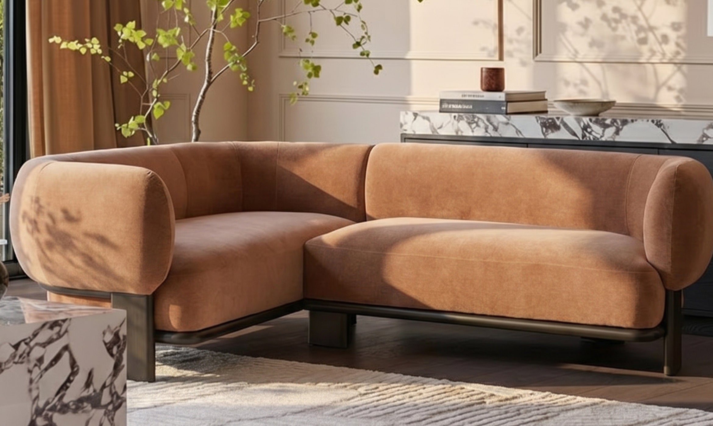 Florence apricot fabric with dark wood left hand facing small corner sofa