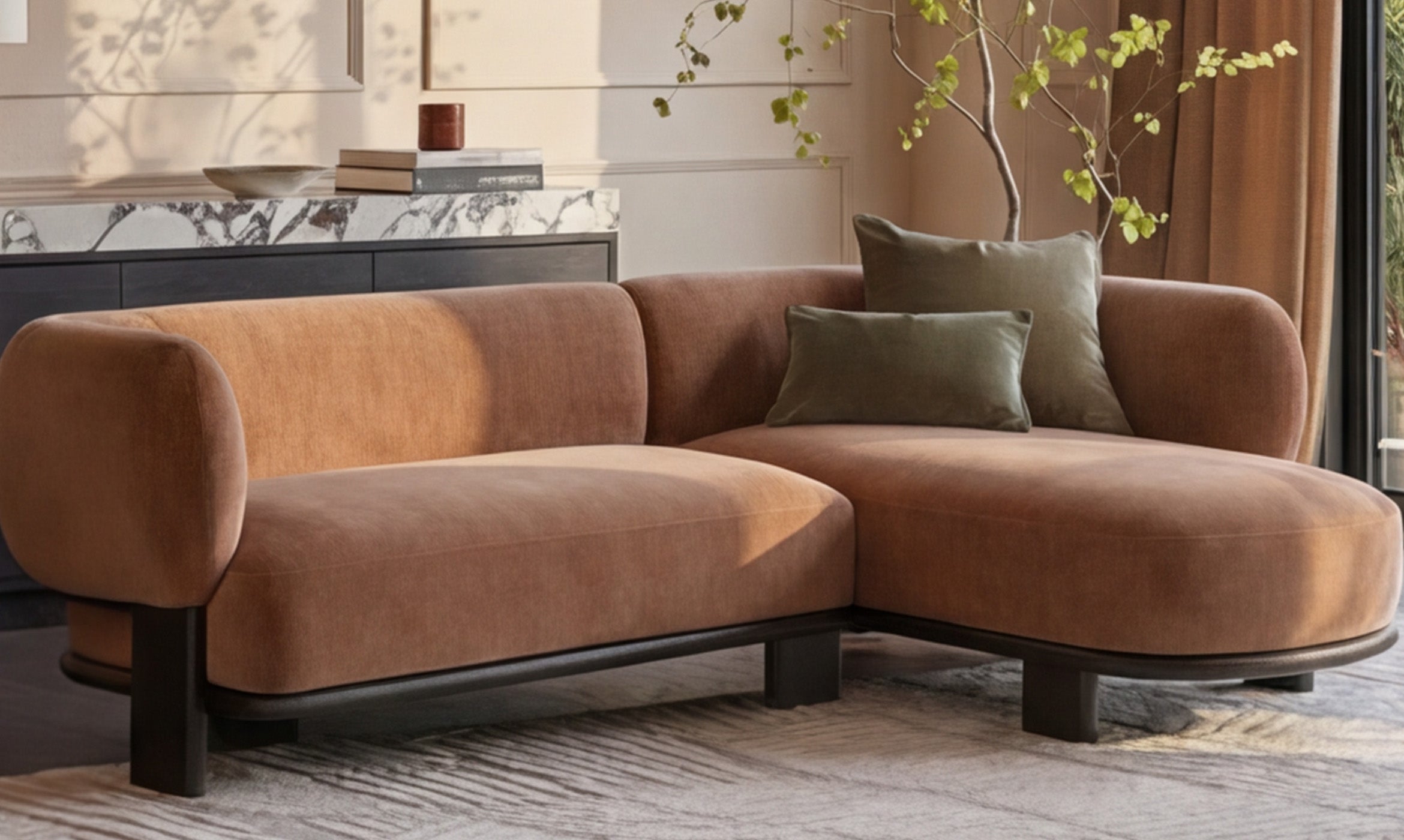 Florence apricot fabric with dark wood right hand facing chaise sofa