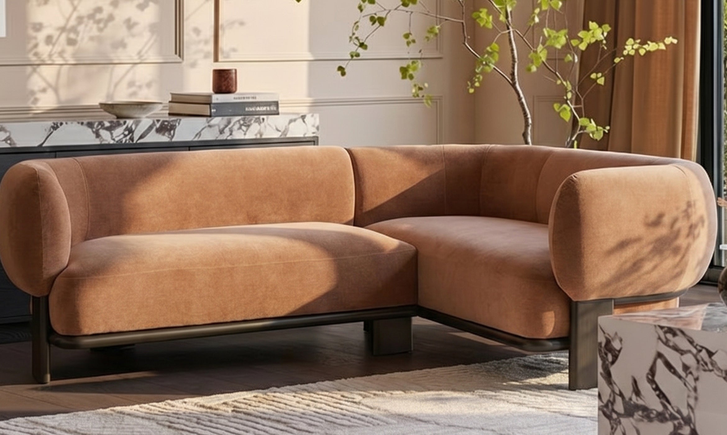 Florence apricot fabric with dark wood right hand facing small corner sofa