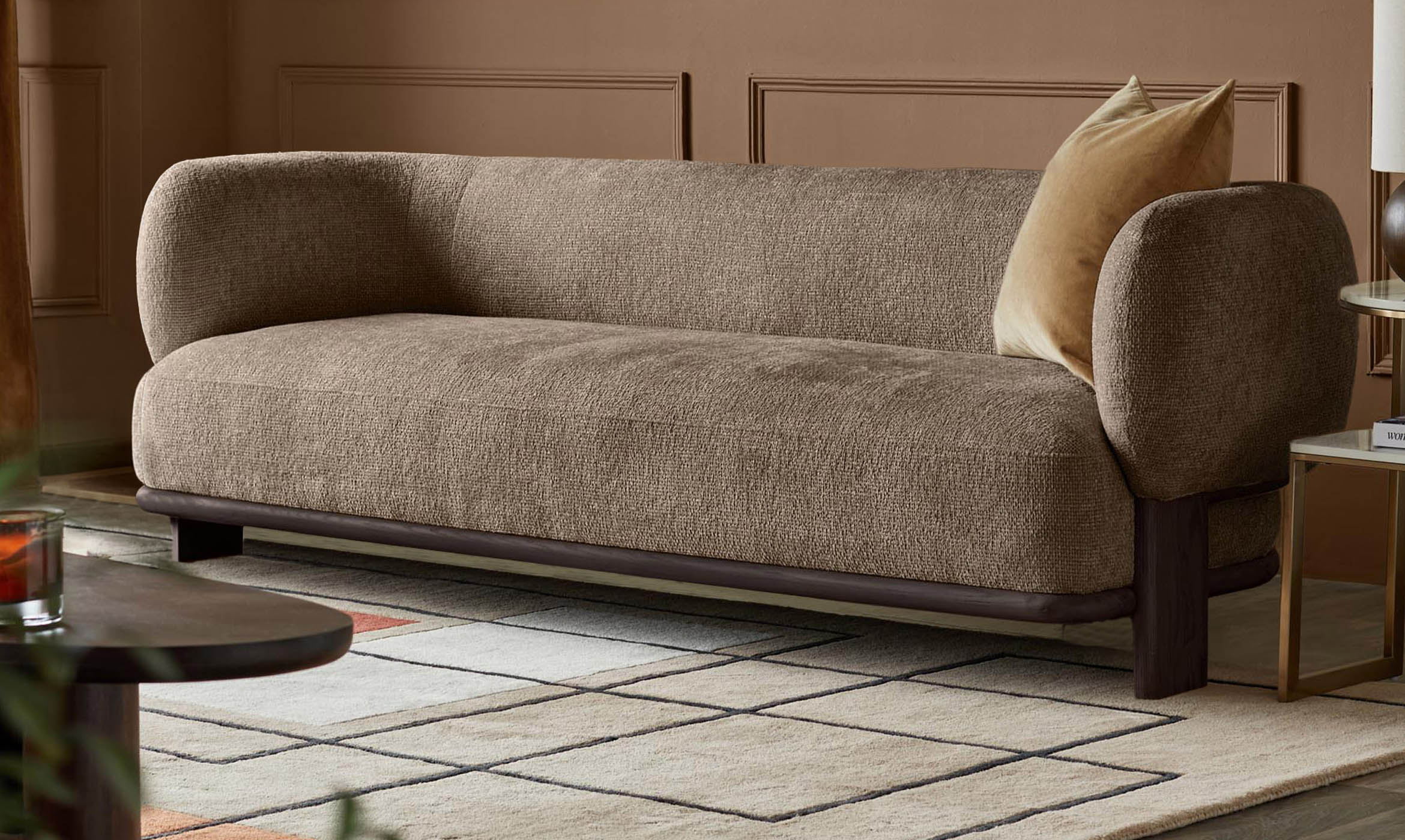 Florence mocha fabric with dark wood 2 seater sofa